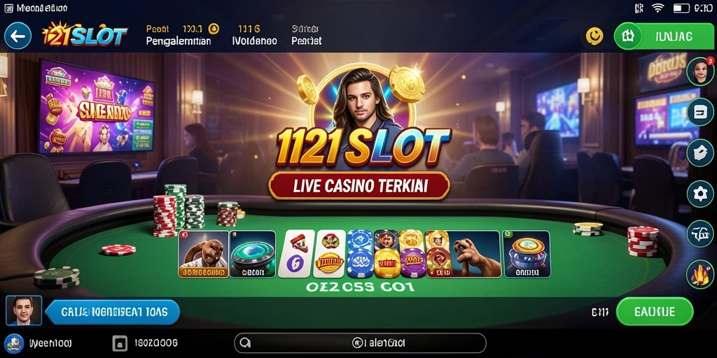 Screenshot gameplay menampilkan dealer langsung dan suasana kasino yang hidup.