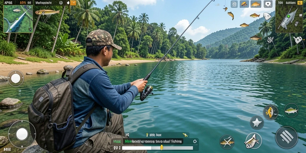 Tampilan gameplay seru menunjukkan aksi memancing di berbagai lokasi.