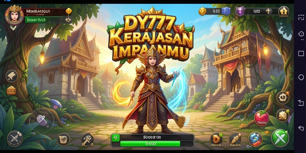 Screenshot dari gameplay DY777 yang menampilkan pembangunan kerajaan.
