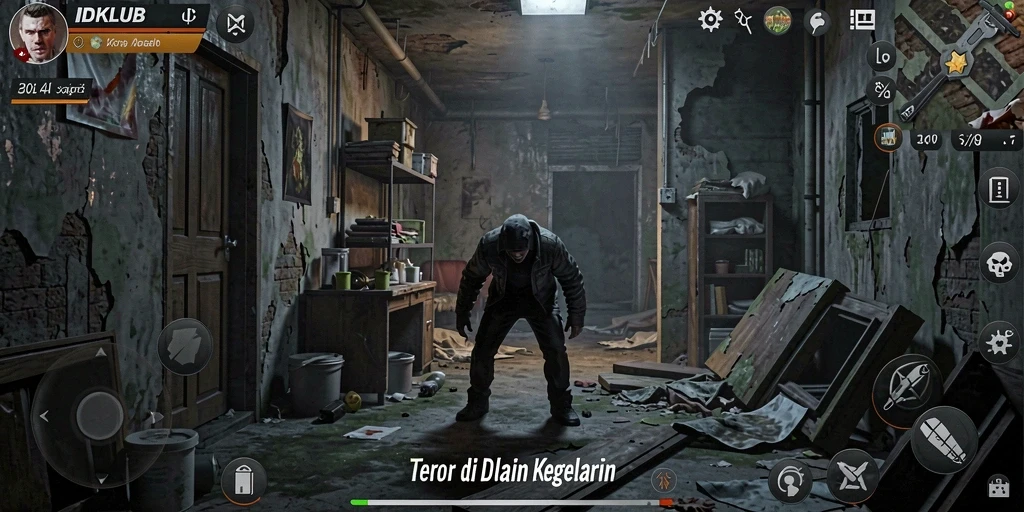 Tangkapan layar utama IDKLUB menampilkan suasana mencekam dan karakter menyeramkan.