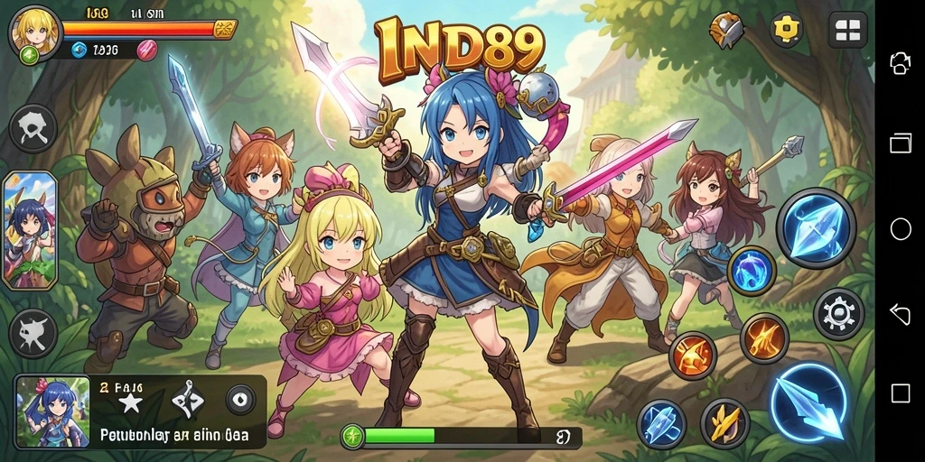Tampilan gameplay IND89 dengan karakter anime yang unik dan penuh warna.