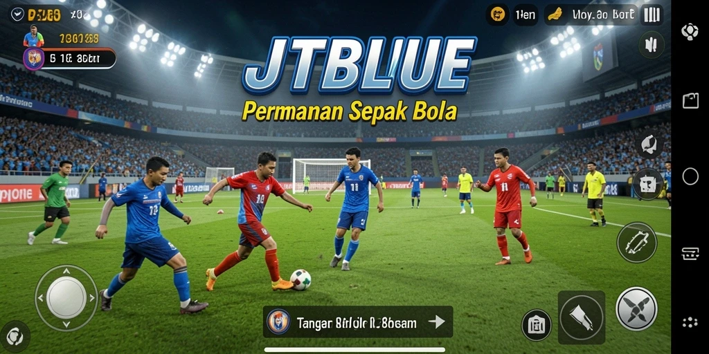 Screenshot JTBLUE menampilkan aksi permainan sepak bola yang mendebarkan.