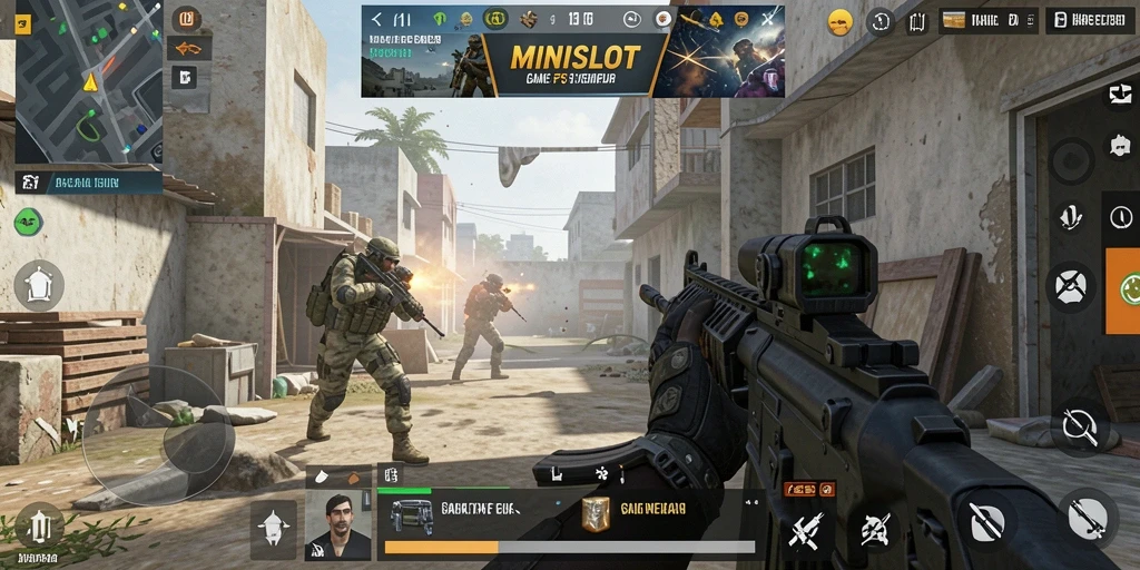 Screenshot menarik gameplay seru di <strong>MINISLOT</strong>, tunjukkan aksi tembak-menembak yang mendebarkan.