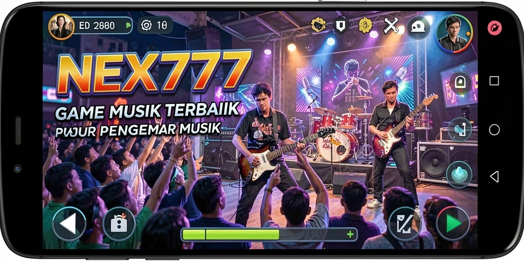 Screenshot utama NEX777 yang menunjukkan gameplay permainan musik yang seru.