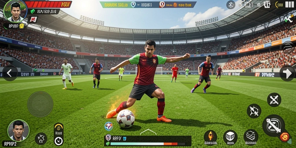 Screenshot gameplay RPVIP2 menampilkan aksi seru di lapangan sepak bola.