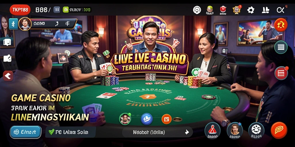 Screenshot gameplay TKP188 menampilkan dealer langsung dan suasana kasino yang nyata.